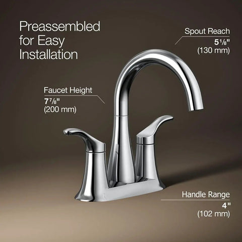 Simplice Centerset Bathroom Sink Faucet With Two Lever Handles And Clicker Drain 1.0 GPM Flow Polished Chrome Vanity Faucet displayed