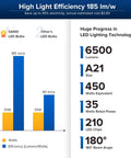 Lit 6500 Lumen A21 LED Bulb Replaces 450W Incandescents, 5000K Daylight infographic showing efficiency comparison