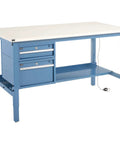Built Tough Heavy Duty Production Workbench For Real Shop Jobs, ESD Laminated Top With Deep Storage Drawers And Lower Shelf, Height Adjustable Steel Frame, Rock Solid 5000 Lb Load Capacity, Blue with two drawers and lower shelf.
