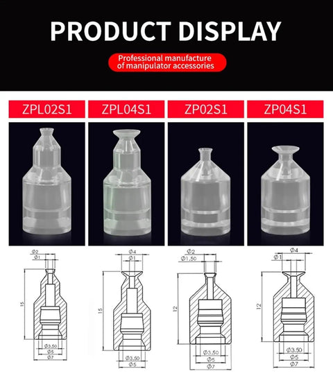 Grab these Mini Vacuum Suction Cup Chuck Manipulator Accessories with Industrial Rubber Sucker Pads displayed with technical dimensions.