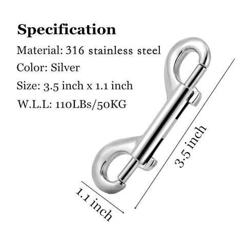 POLARHAWK stainless steel double-ended bolt snap hook, silver, 3.5 in long x 1.1 in wide, pack of 6