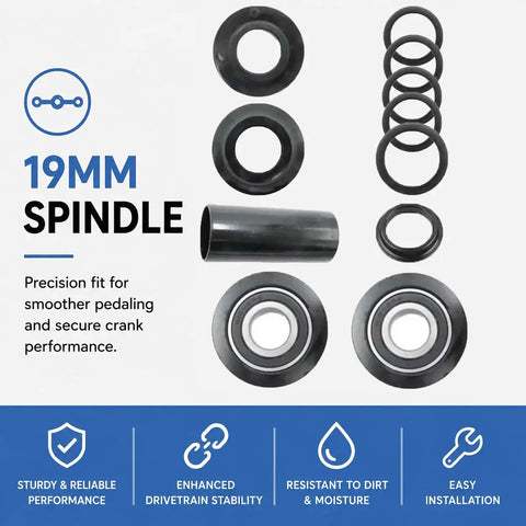19mm American BMX Bottom Bracket Kit With Cups, Washers And Spacer Tube, Sealed Bearings, Fits American And European BB Standards, Black Finish, Built Tough For Smooth Pedaling On Every Ride.
