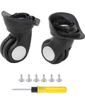 Pair of black plastic spinner luggage wheels with mounting screws and yellow screwdriver (front view)
