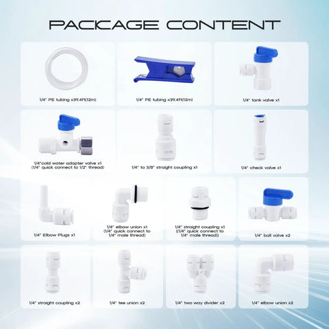 1/4 Inch Water Line Kit for Reverse Osmosis Systems, 39.4 Feet 1/4 Inch OD PE Tubing With Quick Connect Push To Connect Fittings, Includes Tube Cutter And 17 Fittings, Food Grade PP Package Content