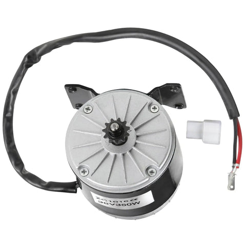 Rock Solid 36V 350W Brushed DC Electric Motor My1016 Kicking Out Two Seventy Five RPM With Eleven Tooth Sprocket, top view.