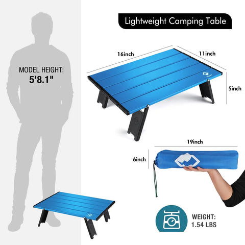 Ultralight Folding Beach Table For Camping And Picnics Portable Aluminum Side Table With Carry Bag shown with dimensions