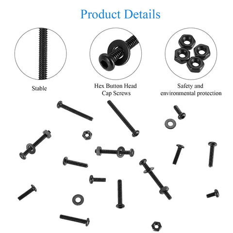 Sweet 410 Piece M2 Metric Machine Screw Kit With Black Button Head Allen Cap Bolts Nuts And Washers Made Tough Grade 10.9 Alloy Steel Includes Hex Key Perfect For Heavy Duty Repairs And Custom Builds With Top Notch Durability And Strength., M2 black button head screws, nuts, and washers arranged in product detail view