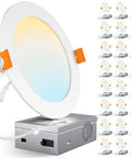 24 Pack 6 Inch Ultra Thin 5CCT Adjustable LED Recessed Ceiling Lights Canless Low Profile Plug And Play Easy Install showing a sleek downlight with power box.