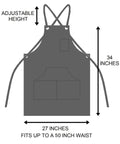 Heavy Duty Waxed Canvas Apron for Men and Women, Adjustable Crossback with Tool Pockets, Water Resistant and Oil Proof, Durable Workwear Apron That Fits Up To XXL and Keeps You Covered, Black, with size details.