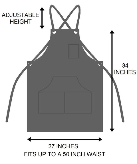 Heavy Duty Waxed Canvas Apron for Men and Women, Adjustable Crossback with Tool Pockets, Water Resistant and Oil Proof, Durable Workwear Apron That Fits Up To XXL and Keeps You Covered, Black, with size details.