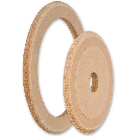 LA-120 Profiled Leather Honing Wheel for Inside Honing and Polishing Gouges and V Tools shown with mounting hardware