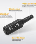 Rock Solid Five Piece T15 Torx Screwdriver Bits With Center Hole For Hammer Drill And Impact Drivers 1/4 Inch Hex Shank One Inch Long Premium Heat Treated S2 Steel Tough As Nails Power Tool Bits Black close-up of T15 bit highlighting precision head and blackened finish.