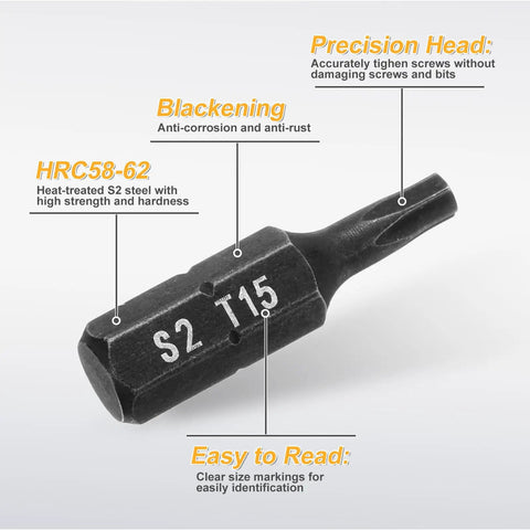 Rock Solid Five Piece T15 Torx Screwdriver Bits With Center Hole For Hammer Drill And Impact Drivers 1/4 Inch Hex Shank One Inch Long Premium Heat Treated S2 Steel Tough As Nails Power Tool Bits Black close-up of T15 bit highlighting precision head and blackened finish.
