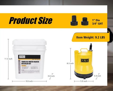 Tankless Water Heater Flushing Kit DIY Ready With Submersible Sump Pump One Sixth Horsepower Includes Pail and Adapters