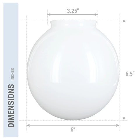 6-Inch White Glass Globe Lamp Shade With 3.25-Inch Fitter Opening For Pendant Lights And Wall Sconces Replacement Shade dimensions
