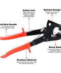 Heavy Duty Ratchet Cable Wire Cutter Chops Copper And Aluminum Like A Hot Knife Through Butter Quick Release Lever with safety lock and anti-skid handle.