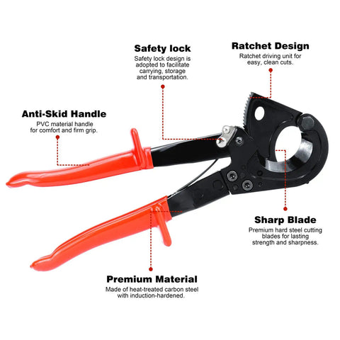 Heavy Duty Ratchet Cable Wire Cutter Chops Copper And Aluminum Like A Hot Knife Through Butter Quick Release Lever with safety lock and anti-skid handle.