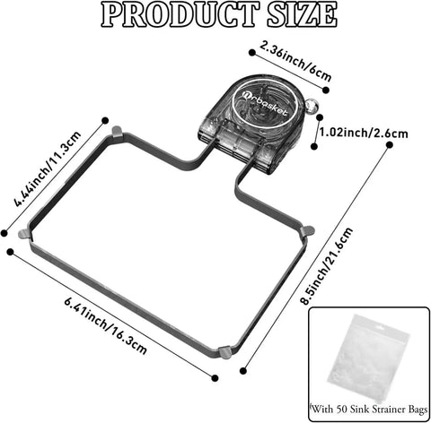No Fuss Kitchen Sink Strainer With Heavy Duty Filter Mesh Bag And Grip Tight Suction Cup Quick Fold Design For Washing Produce and Catching Scraps Major Kitchen Upgrade, showing product dimensions.