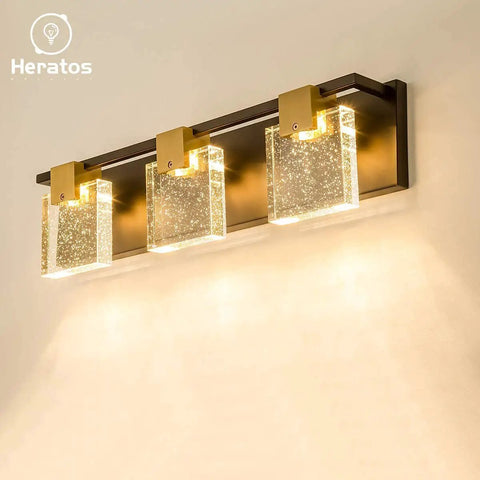 Black And Bronze Vanity Light With Square Bubble Crystal Panel Wall Mounted Sconce Three LED Lights 3000K Warm White