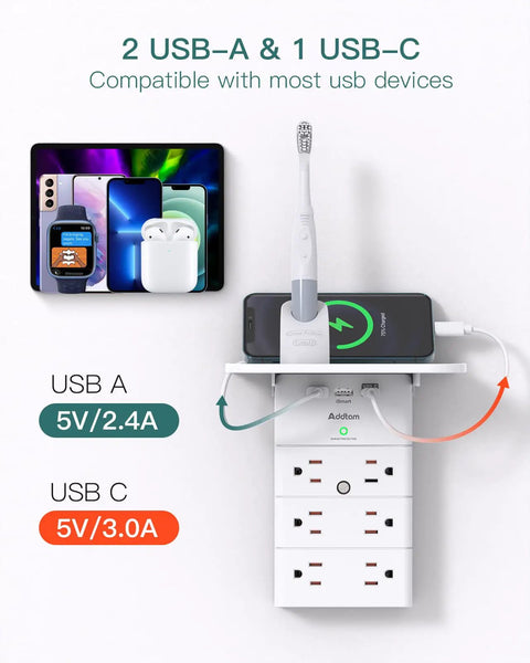 Heavy Duty Wall Outlet Extender With Built-In Shelf, 12 AC Outlets And 3 USB Ports With USB-C, charging toothbrush and phone