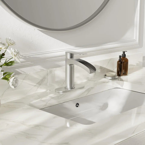 Brushed Nickel Single Handle Waterfall Bathroom Faucet With 6 Inch Deck Plate Metal Pop Up Drain And cUPC Water Supply Lines