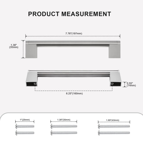 Brushed Nickel Cabinet Pulls Set of 5, 6.25 Inch Hole Spacing, 14mm Tube Diameter, with measurements and mounting screws shown