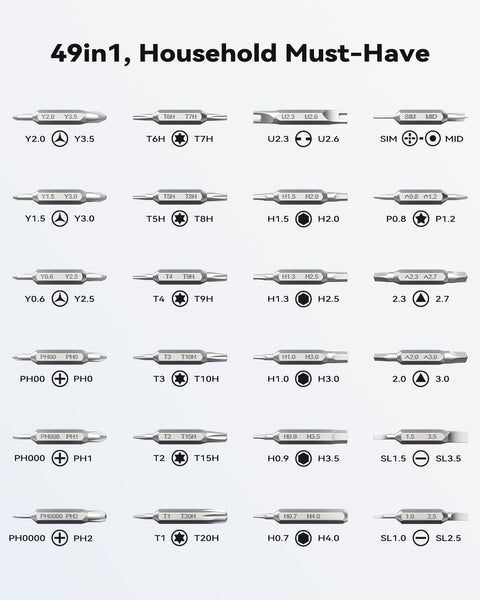Chart showing 49 double-sided bits of the 49in1 All In One Precision Screwdriver Set Magnetic Mini Tool Kit, labeled with types and sizes.