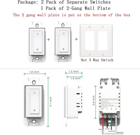 Smart Wi Fi Dimmer Switch 2 Gang For Alexa And Google Assistant Plug And Play Setup In Wall Dimmer front and side view
