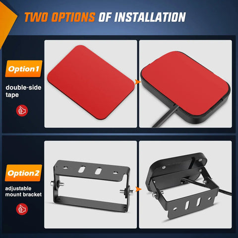 Image showing two installation options for Six Gang Switch Panel With Relay And Fuse Harness: double-side tape and adjustable mount bracket.