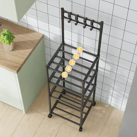 Five Tier Heavy Duty Storage Rack With Smooth Swivel Rolling Wheels Industrial Platform Shelving Unit For Garage Home Organization Rock Solid Rust Coated Steel Frame, top view with hooks.