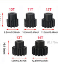 Hardened steel 32P pinion gears for 3.175mm shafts, sizes 10T to 14T, ideal for RC car motors with increased torque and acceleration.