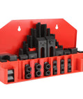 T Slot Clamp Kit For Milling Machines And Lathes with heat treated black oxide parts on red wall mount frame