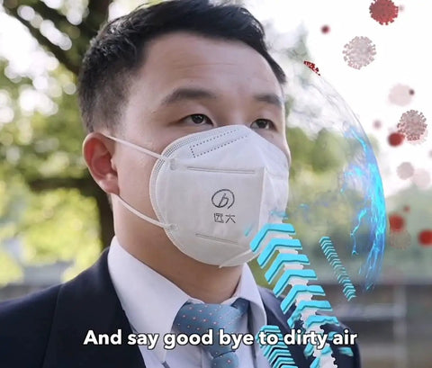 Man wearing Air Pro Mask With HEPA Filter Rechargeable Reusable Respirator Powered Ventilation Three Speed Adjustable 3D Fit