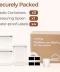 Flour And Sugar Storage Containers Set Of 3 Large Airtight Plastic Canisters With Lids, measuring spoon, and labels next to box