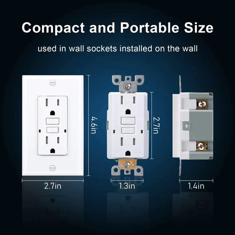 Dimensions and side view of GFCI Outlet 15 Amp Rugged Weather Resistant Receptacle for Indoor and Outdoor Use, Tamper Resistant
