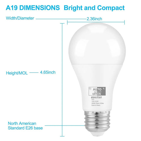 Dusk To Dawn Outdoor A19 LED Bulbs With Auto On Off Photocell Sensor No App Needed 60W Equivalent Warm White Dimensions