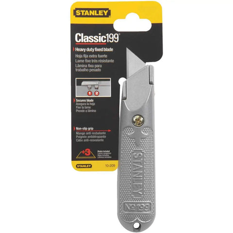 Contractor Grade Fixed Blade Utility Knife With Beefy Heavy Duty Cast Metal Handle And Positive Blade Retention, front view.