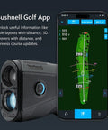 V6 Shift Laser Rangefinder with slope compensation and PinSeeker next to smartphone displaying golf course 3D flyover in app