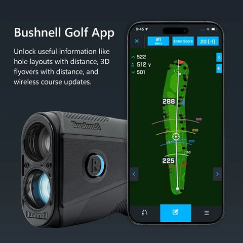 V6 Shift Laser Rangefinder with slope compensation and PinSeeker next to smartphone displaying golf course 3D flyover in app