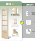 Comparison of a Preassembled Double 30x84 Inch Clear Glass French Interior Door With 5.5Ft Barn Door Hardware Kit Included and a standard door showing benefits of pre-drilled holes, assembly, and glass thickness.