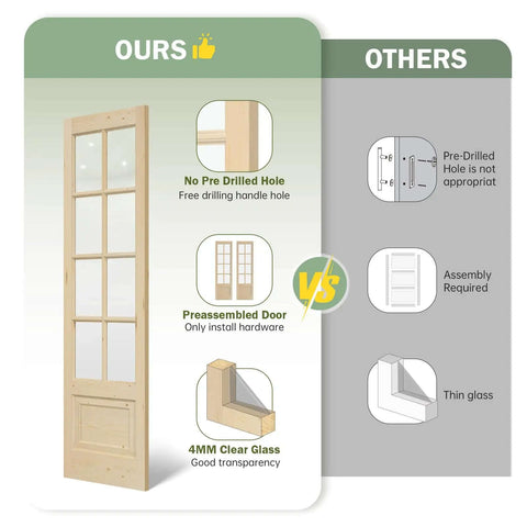 Comparison of preassembled 42x84 clear glass French interior door with spruce wood support vs other models