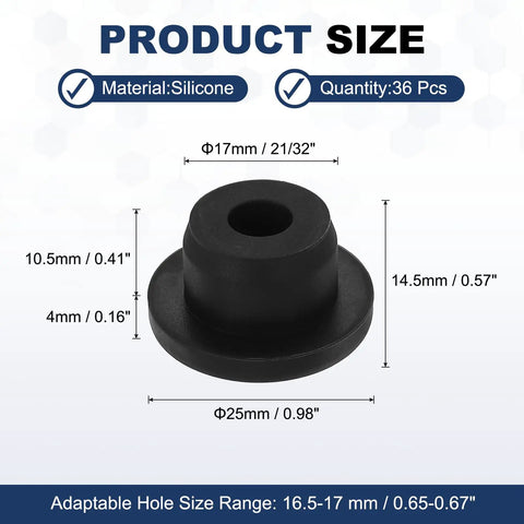 36Pc T Shaped Silicone Plugs Dope Snap In Hole Seals Waterproof Round Rubber Stoppers For 16.5 To 17mm Holes with size dimensions