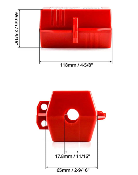 Nonconductive Polypropylene Plug Lockout Device For Lockout Tagout And Power Plugs M Size Fits 110 To 125V 30A, side and top dimensions