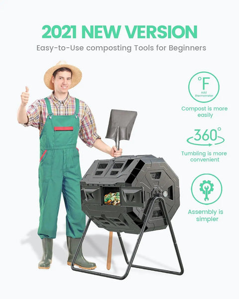 2021 new version upgraded dual chamber tumbling compost bin with built in thermometer for backyard garden vibe 43 gallon