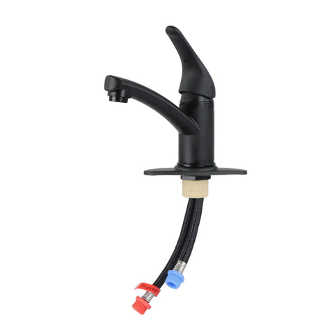 Single Lever Bathroom Faucet With Extended Roman Spout And Blade Handle In Black Matte, One-Hole Install With Mounting Ring, hoses visible