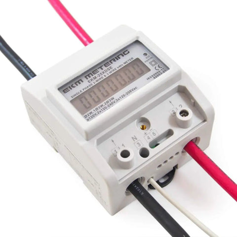 Single Phase kWh Meter For Home And Shop Use, 2 Or 3 Wire, 120V Up To 120/240V, 100A, LCD display, wiring ports shown