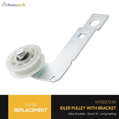 Dryer idler pulley with metal mounting bracket and white plastic wheel; fits Whirlpool and Kenmore dryers