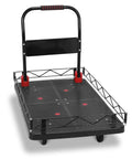 Heavy Duty Two In One Flatbed Cart With Removable Cage And Folding Platform, Hand Truck For 2000 Lb Loads, Silent TPR Wheels, Steel Wire Fence, Easy Conversion To Flatbed, Built Tough For Warehouse And Shop Transport. Black steel cage cart with folding platform.