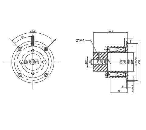 Technical diagram of Compact 12V DC Electromagnetic Energized Small Brake With 8mm Shaft For Precision Stop In Automation And Robotics