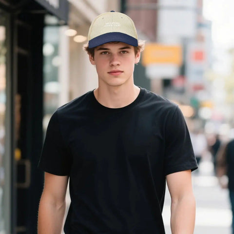 No Crying On The Yacht Women Trucker Hat Vintage Vibe Cap with breathable mesh in street setting, off-white and navy.